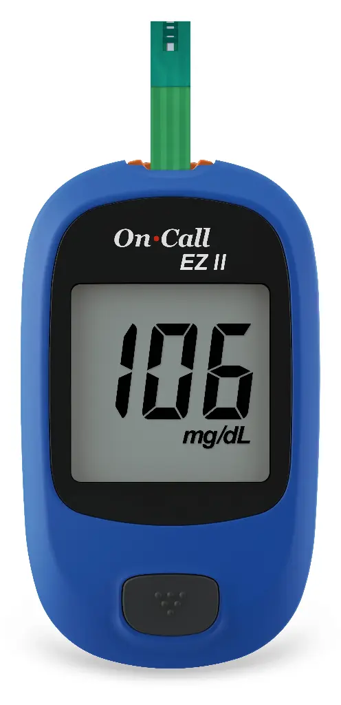 G020203: 01 máy đo đường huyết On Call® EZII, 01 x hộp 50 que thử On Call® Plus (đóng lọ)