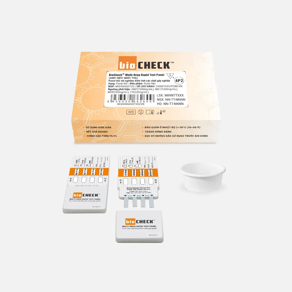 Panel thử xét nghiệm định tính Amphetamine, Methamphetamine, Morphine và Marijuana [Biocheck™ Multi-Drug Rapid Test Panel (AMP/MET/MOP/THC)]