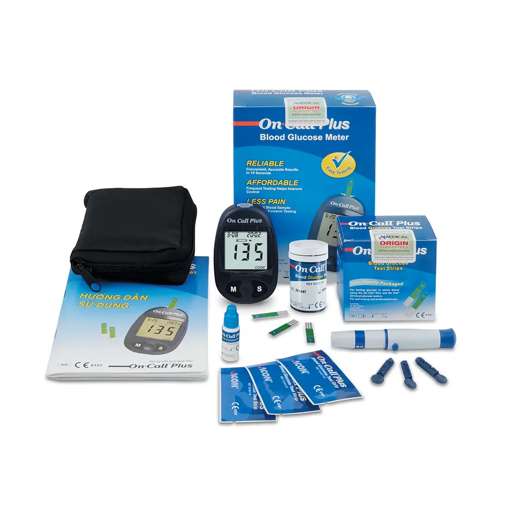 G020205: 01 máy đo đường huyết On Call® Plus, 01 x hộp 25 que thử On Call® Plus (đóng vỉ)